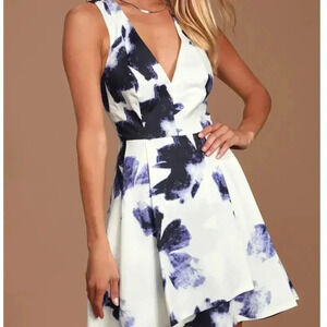 Lulu's Seeing Chic Blue Ivory Print Skater Dress